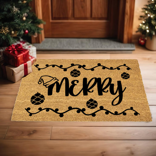 Merry Christmas Doormat | Festive Holiday Coir Welcome Mat with Ornaments & Santa Hat Design | Rustic Front Porch Décor - Mallard Moon