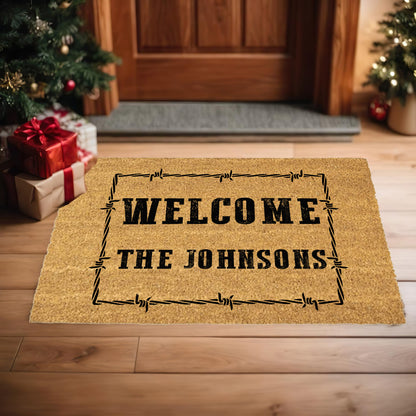 Personalized Western Welcome Doormat with Barbed Wire Frame – Custom Family Name Ranch-Style Outdoor Entrance Mat