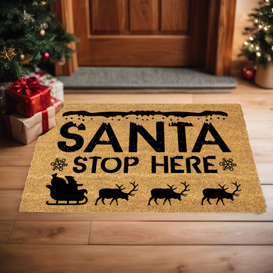 Santa, Please Stop Here Christmas Doormat | Santa Sleigh Coir Welcome Mat | Rustic Farmhouse Holiday Porch Décor - Mallard Moon
