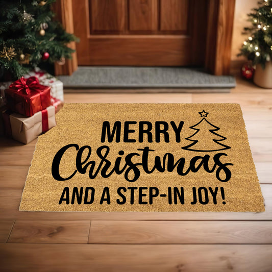 Merry Christmas and a Step-In Joy! Holiday Doormat | Funny Christmas Welcome Mat | Rustic Farmhouse Coir Porch Décor - Mallard Moon