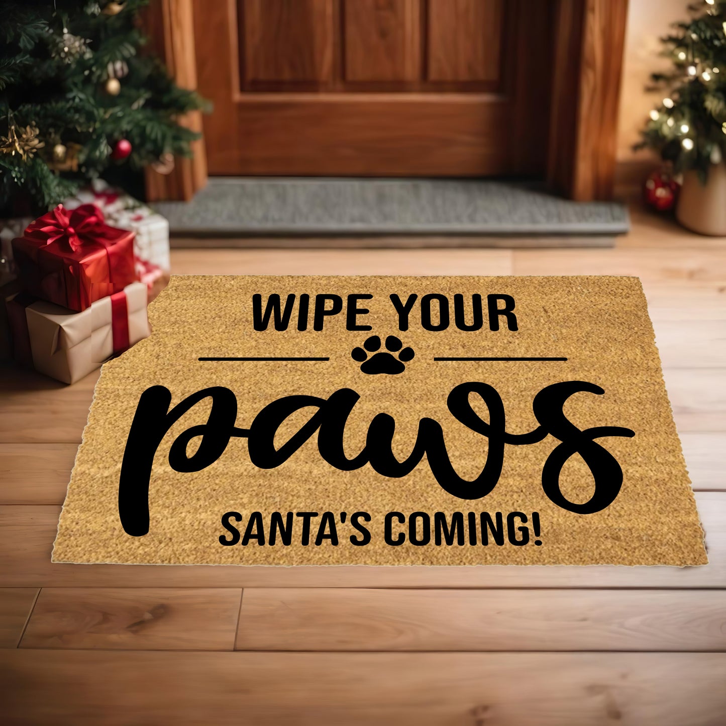 Wipe Your Paws – Santa’s Coming! Christmas Doormat | Funny Pet Holiday Welcome Mat | Rustic Farmhouse Dog Lover Porch Décor - Mallard Moon