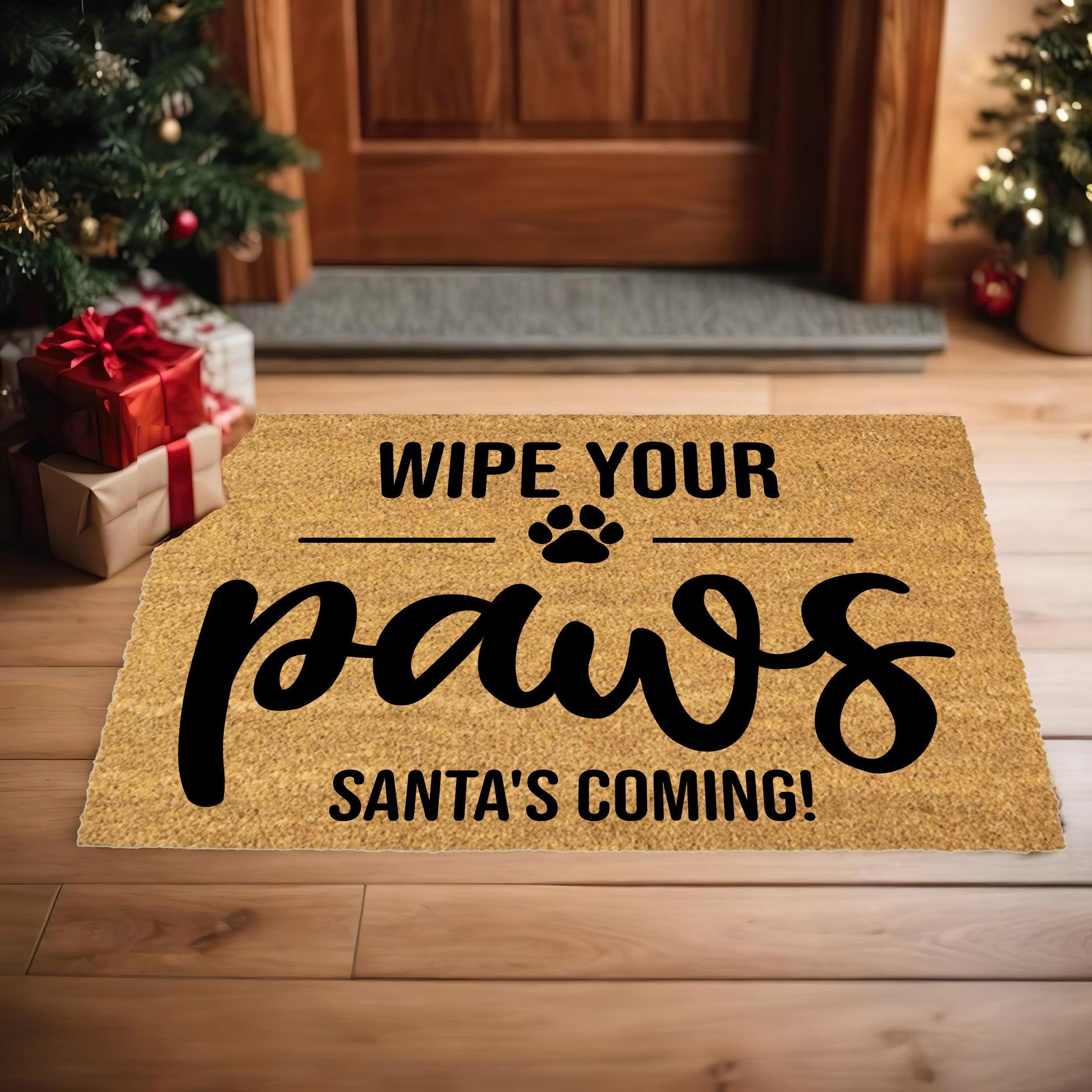 Wipe Your Paws – Santa’s Coming! Christmas Doormat | Funny Pet Holiday Welcome Mat | Rustic Farmhouse Dog Lover Porch Décor - Mallard Moon