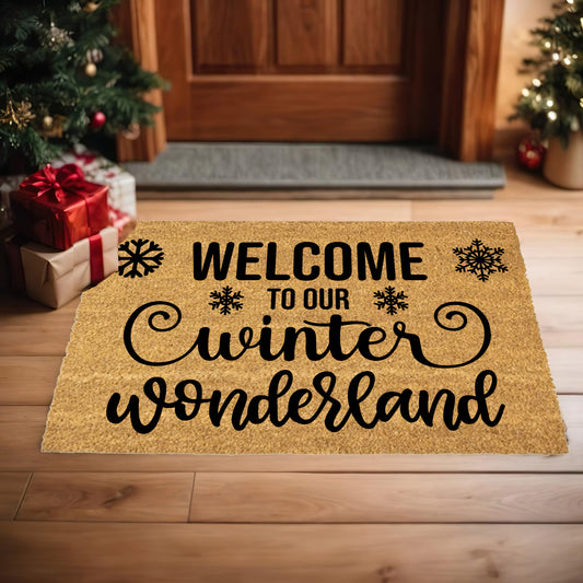 Welcome to Our Winter Wonderland Doormat | Rustic Snowflake Holiday Welcome Mat | Farmhouse Winter Porch Décor - Mallard Moon