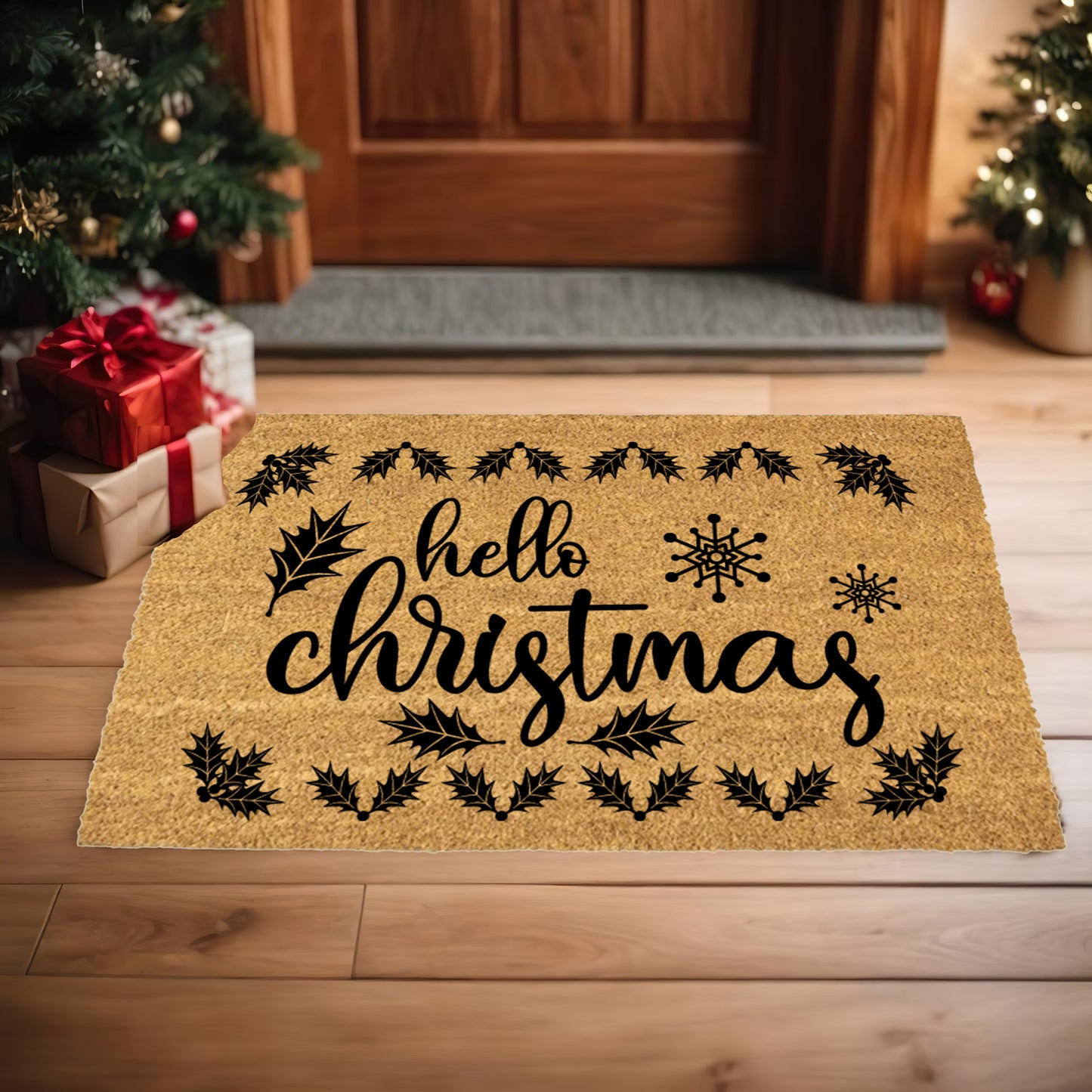 Hello Christmas Doormat – Holiday Outdoor Coir Mat Winter Décor - Mallard Moon