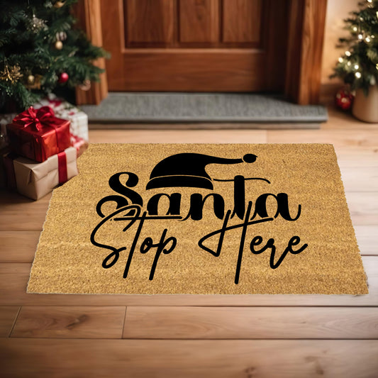 Santa Stop Here Doormat – Christmas Outdoor Coir Mat Holiday Décor - Mallard Moon