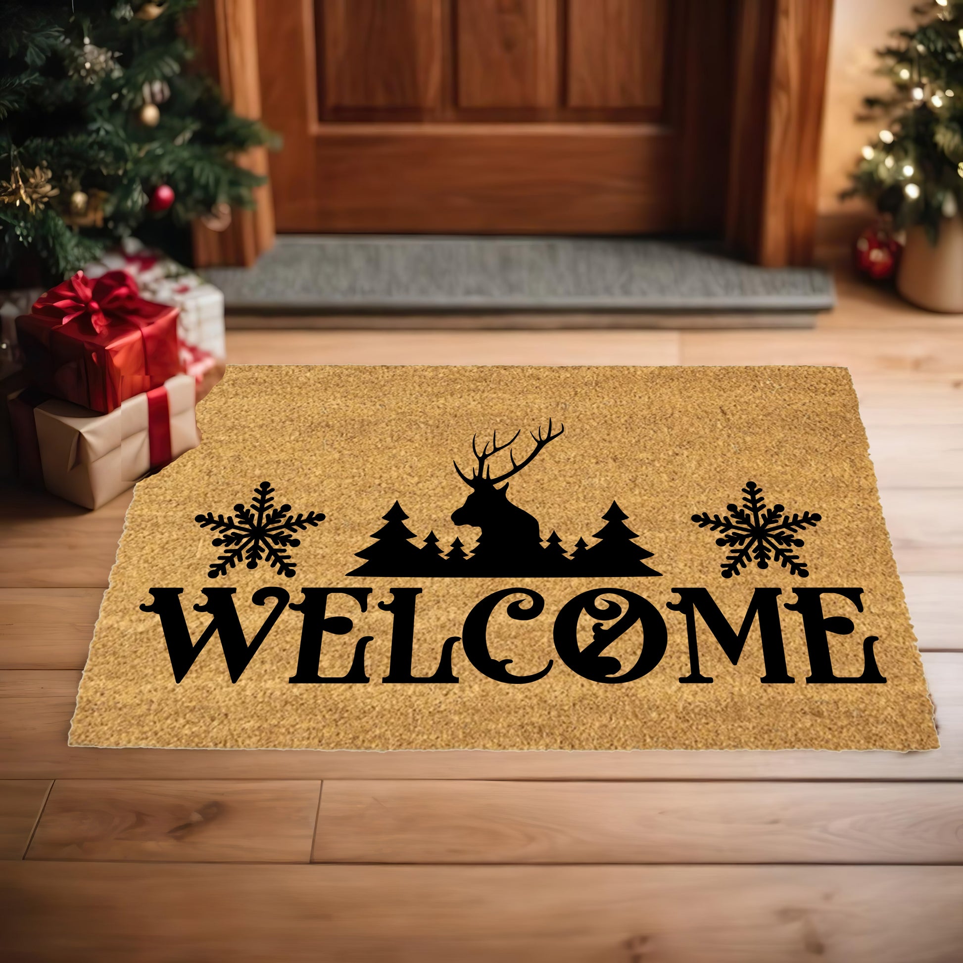 Rustic Reindeer “Welcome” Doormat | Winter Lodge Coir Welcome Mat with Snowflakes | Holiday Front Porch Décor - Mallard Moon