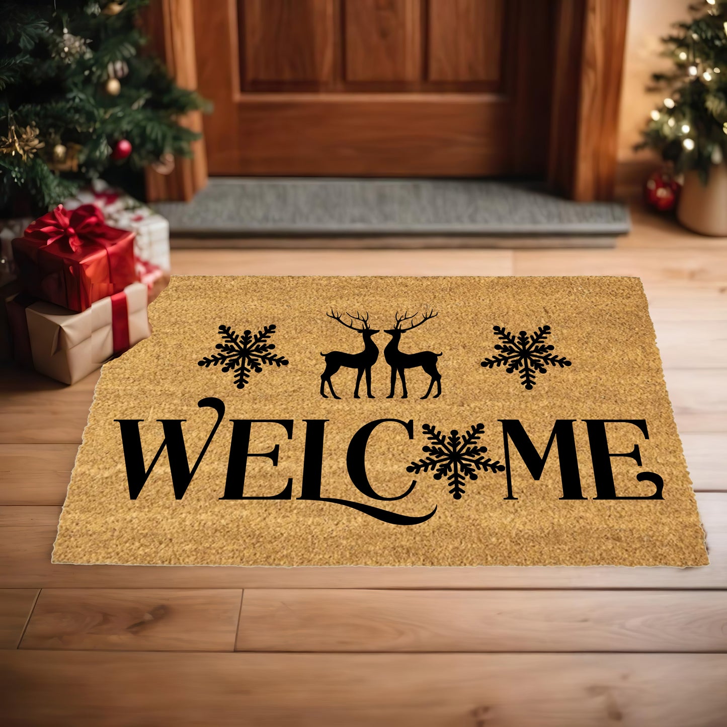 Winter Reindeer “Welcome” Doormat | Elegant Snowflake Coir Welcome Mat | Rustic Christmas Front Porch Décor - Mallard Moon