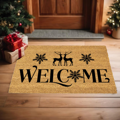 Winter Reindeer “Welcome” Doormat | Elegant Snowflake Coir Welcome Mat | Rustic Christmas Front Porch Décor - Mallard Moon