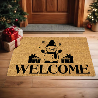 Snowman “Welcome” Doormat | Festive Coir Christmas Welcome Mat with Gifts and Snowflakes | Holiday Front Porch Décor - Mallard Moon