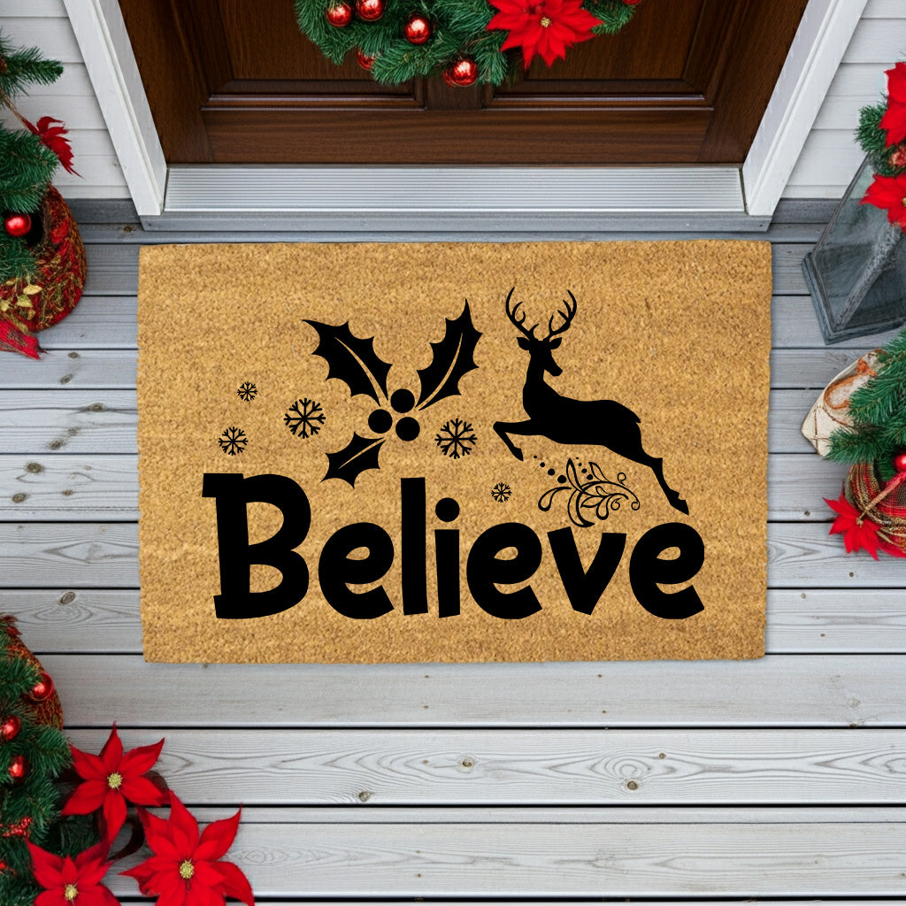Believe Reindeer Doormat – Christmas Outdoor Coir Mat Holiday Décor - Mallard Moon