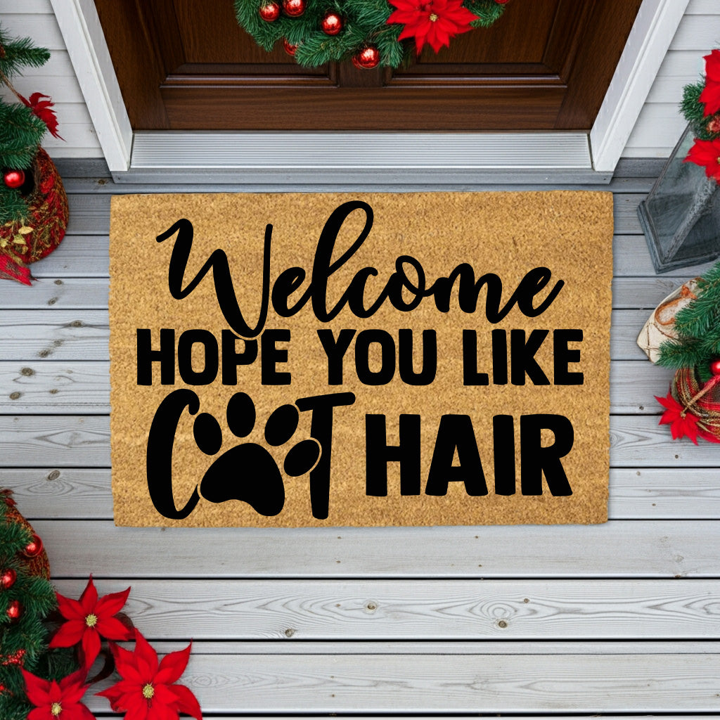 Funny Cat Lover Doormat – “Welcome Hope You Like Cat Hair” | Coir Welcome Mat with Paw Print | Gift for Cat Owners, Pet Homes & Crazy Cat Moms - Mallard Moon
