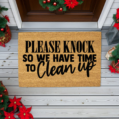 Funny “Please Knock So We Have Time to Clean Up” Doormat | Relatable Coir Welcome Mat for Families | Real-Life Humor Front Porch Décor - Mallard Moon