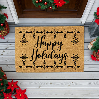 Happy Holidays Christmas Doormat | Festive Coir Welcome Mat with Ornaments & Snowflakes | Holiday Front Porch Décor Gift - Mallard Moon