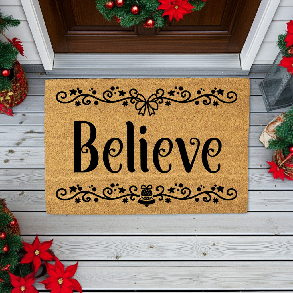 Believe in Christmas Doormat | Elegant Holiday Coir Welcome Mat with Bow & Bell Design | Festive Front Porch Décor Gift - Mallard Moon