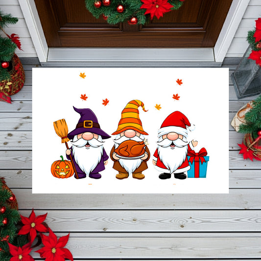 Holiday Gnome Trio Doormat – Halloween, Thanksgiving & Christmas All-in-One Welcome Mat – Cute Seasonal Full-Color Entry Rug - Mallard Moon