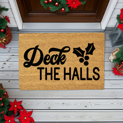 Deck the Halls Christmas Doormat | Festive Holiday Coir Welcome Mat with Holly Design | Rustic Farmhouse Front Porch Décor - Mallard Moon