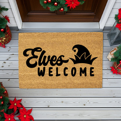 Elves Welcome Christmas Doormat | Whimsical Holiday Coir Welcome Mat with Elf Hat Design | Fun Family Front Porch Décor - Mallard Moon