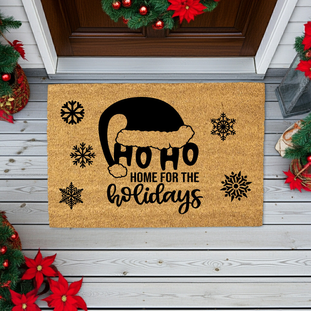 Ho Ho Home for the Holidays Christmas Doormat | Festive Santa Hat Coir Welcome Mat | Cozy Farmhouse Front Porch Décor - Mallard Moon