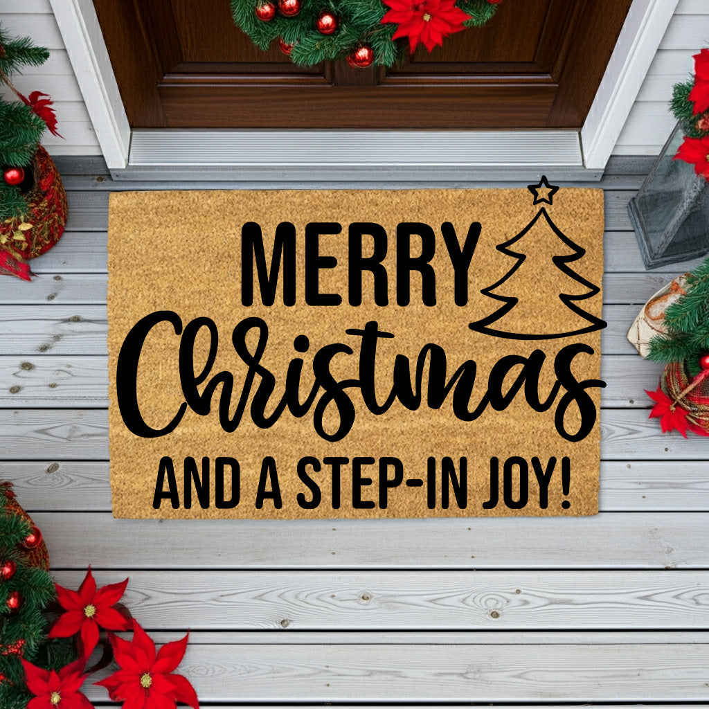 Merry Christmas and a Step-In Joy! Holiday Doormat | Funny Christmas Welcome Mat | Rustic Farmhouse Coir Porch Décor - Mallard Moon