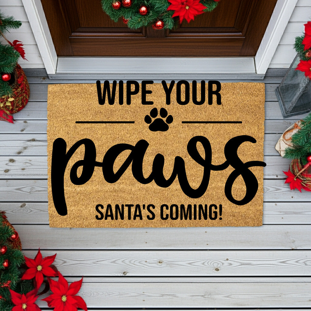 Wipe Your Paws – Santa’s Coming! Christmas Doormat | Funny Pet Holiday Welcome Mat | Rustic Farmhouse Dog Lover Porch Décor - Mallard Moon
