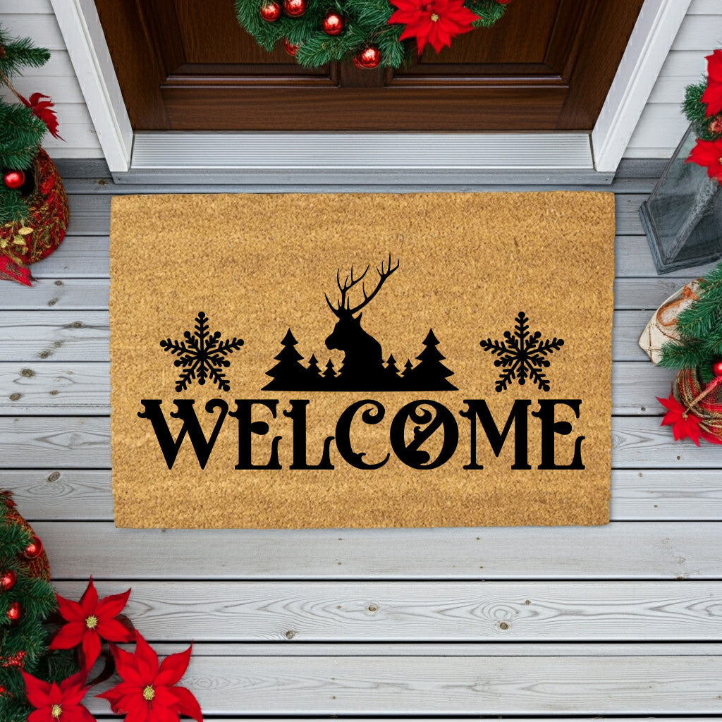 Rustic Reindeer “Welcome” Doormat | Winter Lodge Coir Welcome Mat with Snowflakes | Holiday Front Porch Décor - Mallard Moon