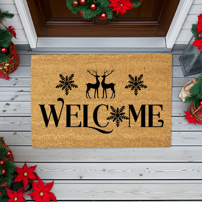 Winter Reindeer “Welcome” Doormat | Elegant Snowflake Coir Welcome Mat | Rustic Christmas Front Porch Décor - Mallard Moon