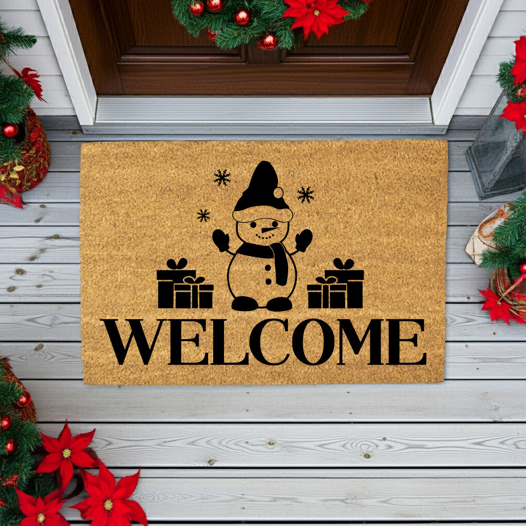 Snowman “Welcome” Doormat | Festive Coir Christmas Welcome Mat with Gifts and Snowflakes | Holiday Front Porch Décor - Mallard Moon