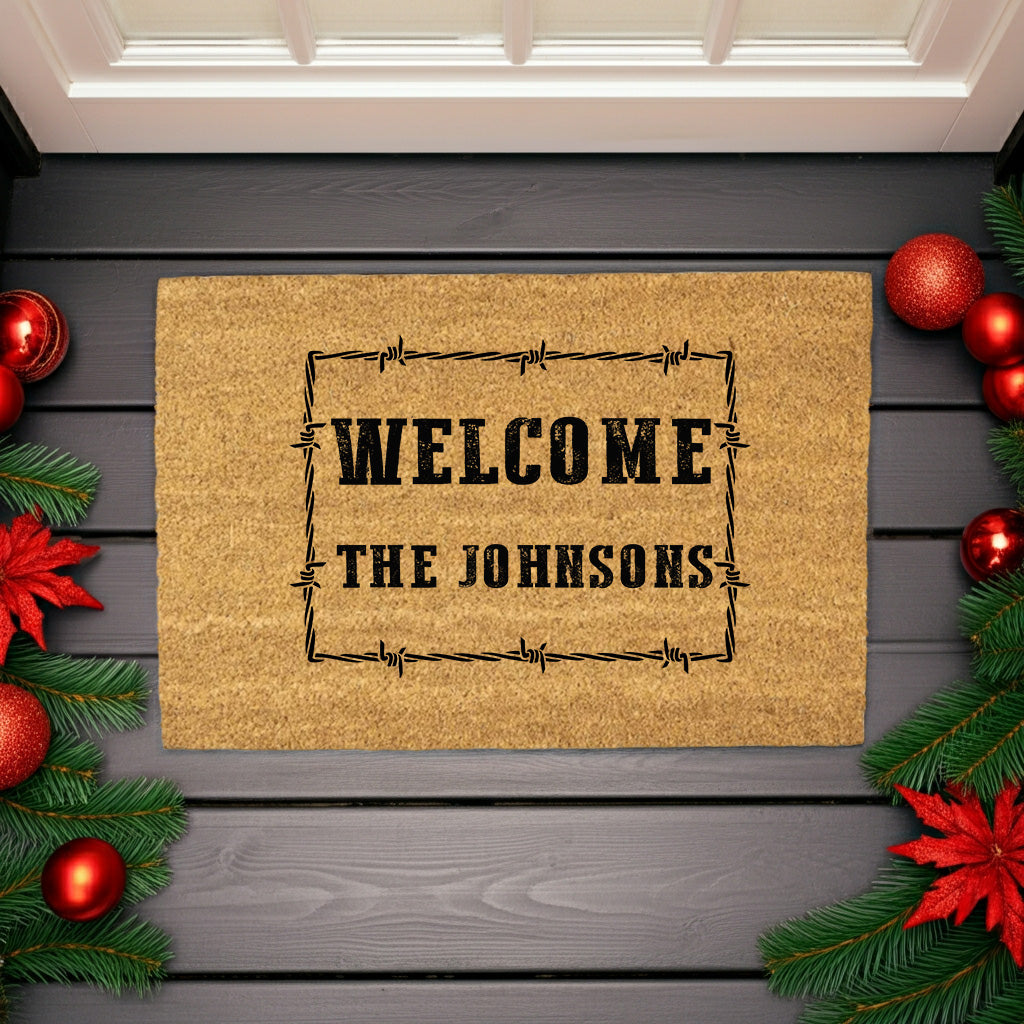 Personalized Western Welcome Doormat with Barbed Wire Frame – Custom Family Name Ranch-Style Outdoor Entrance Mat