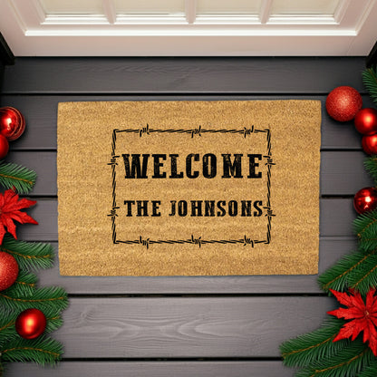 Personalized Western Welcome Doormat with Barbed Wire Frame – Custom Family Name Ranch-Style Outdoor Entrance Mat