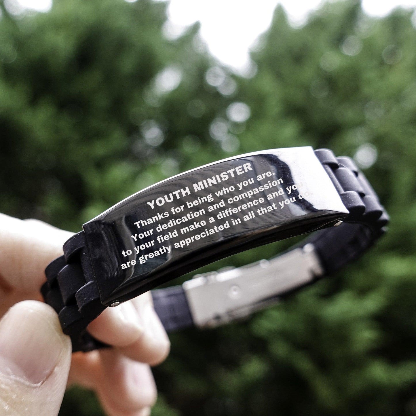 Youth Minister Black Glidelock Clasp Engraved Bracelet - Thanks for being who you are - Birthday Christmas Jewelry Gifts Coworkers Colleague Boss - Mallard Moon Gift Shop