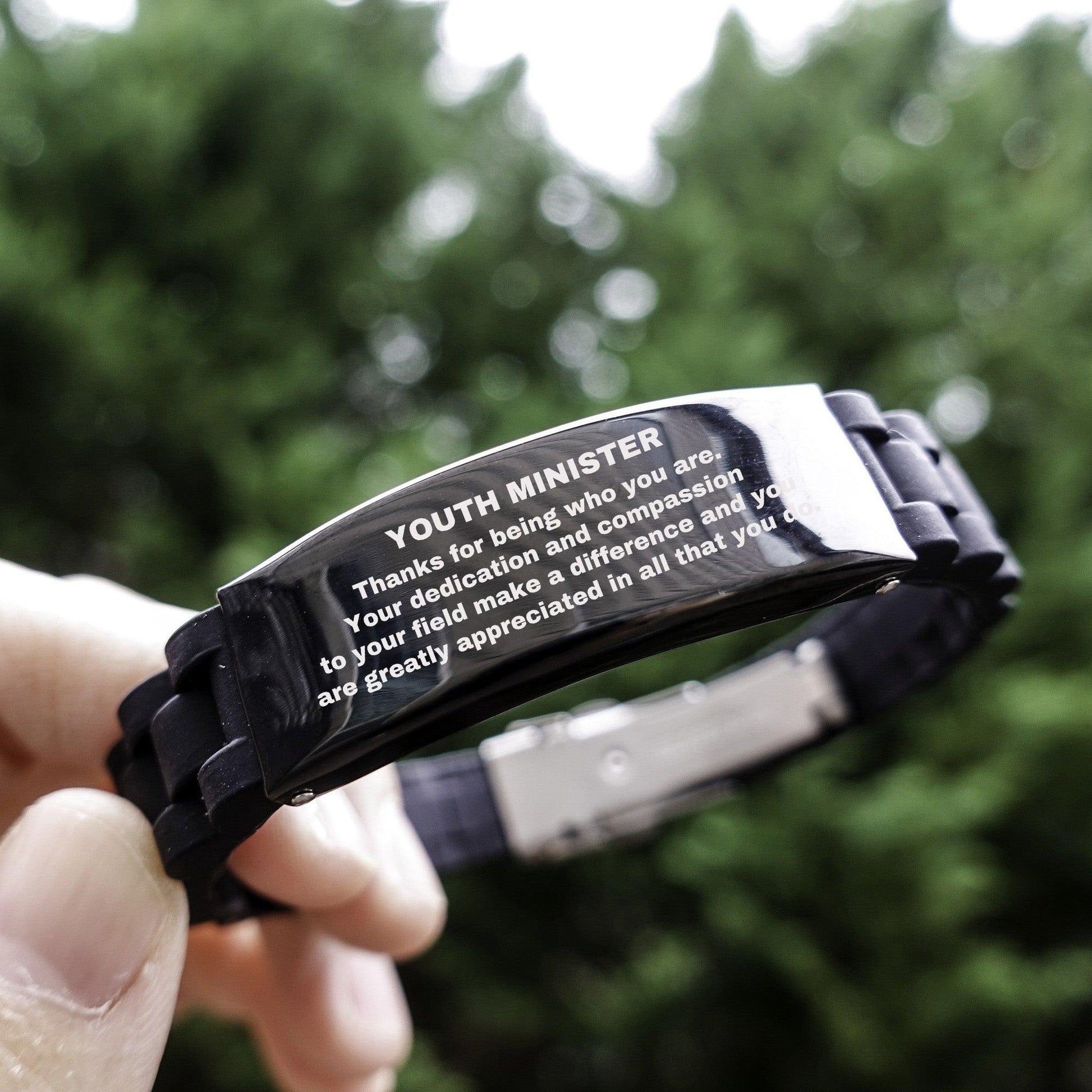 Youth Minister Black Glidelock Clasp Engraved Bracelet - Thanks for being who you are - Birthday Christmas Jewelry Gifts Coworkers Colleague Boss - Mallard Moon Gift Shop