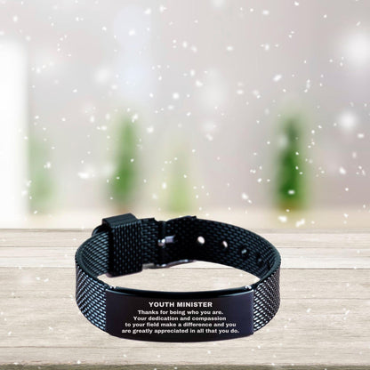 Youth Minister Black Shark Mesh Stainless Steel Engraved Bracelet - Thanks for being who you are - Birthday Christmas Jewelry Gifts Coworkers Colleague Boss - Mallard Moon Gift Shop