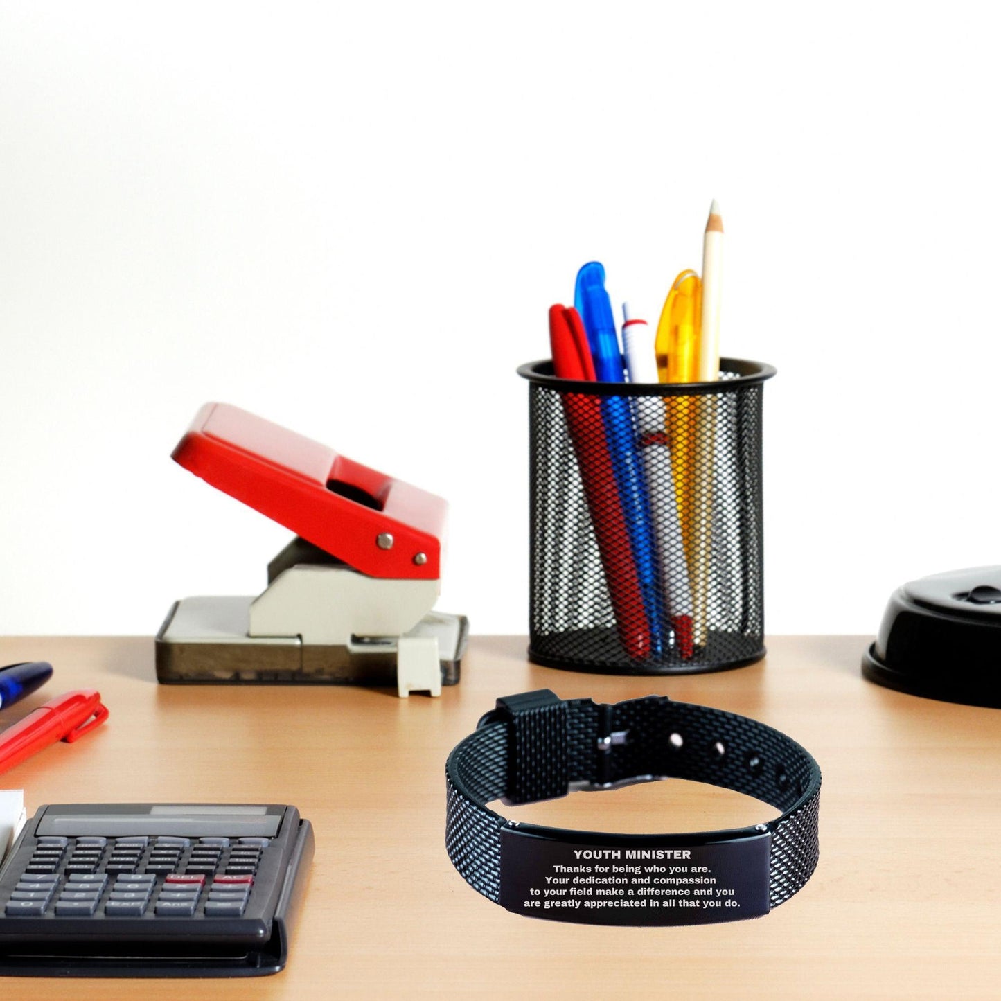 Youth Minister Black Shark Mesh Stainless Steel Engraved Bracelet - Thanks for being who you are - Birthday Christmas Jewelry Gifts Coworkers Colleague Boss - Mallard Moon Gift Shop