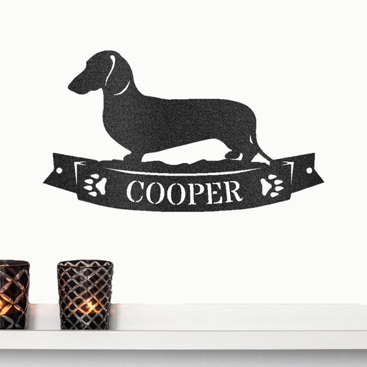 Dachshund Shorthaired Banner Custom Name Metal Art Wall sign - Mallard Moon Gift Shop