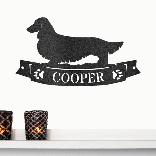 Dachshund Long Haired Banner Custom Name Metal Art Wall Sign - Mallard Moon Gift Shop