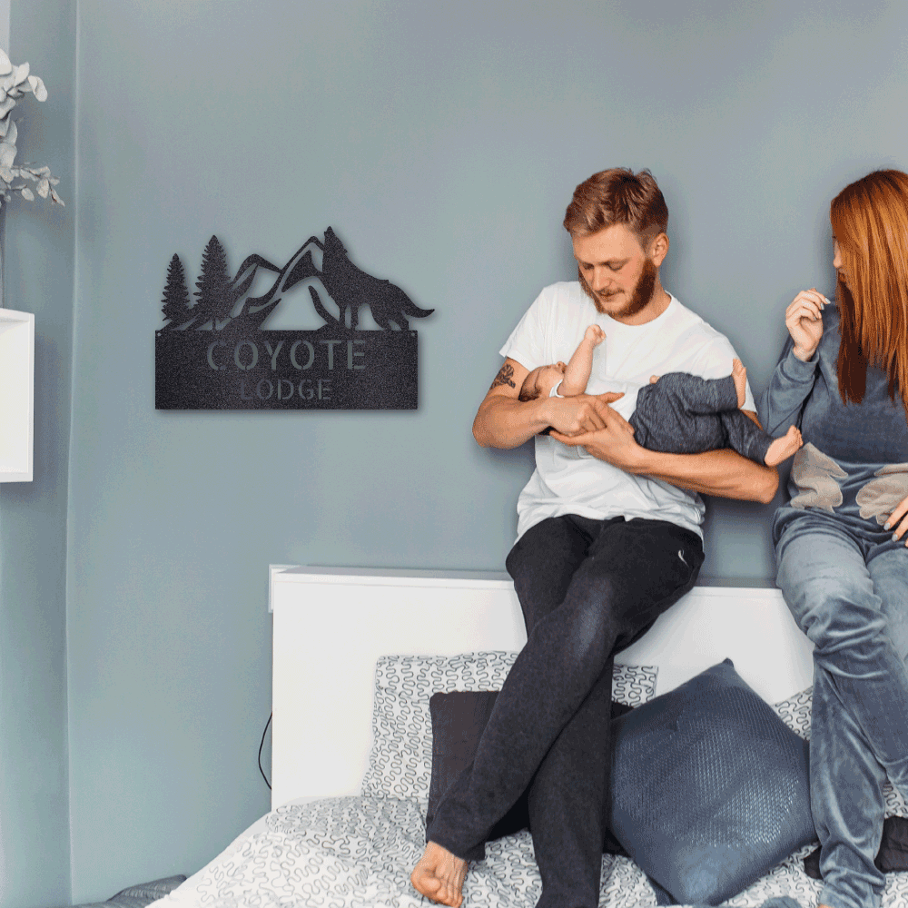 Coyote and Mountains Custom Name Metal Wall Sign - Mallard Moon Gift Shop