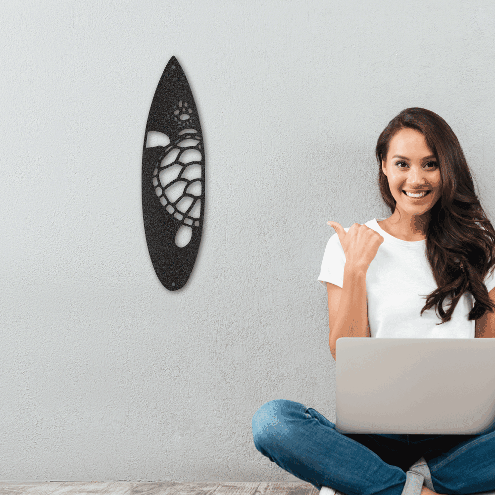 Surfboard Sea Turtle Indoor Outdoor Steel Wall Sign - Mallard Moon Gift Shop