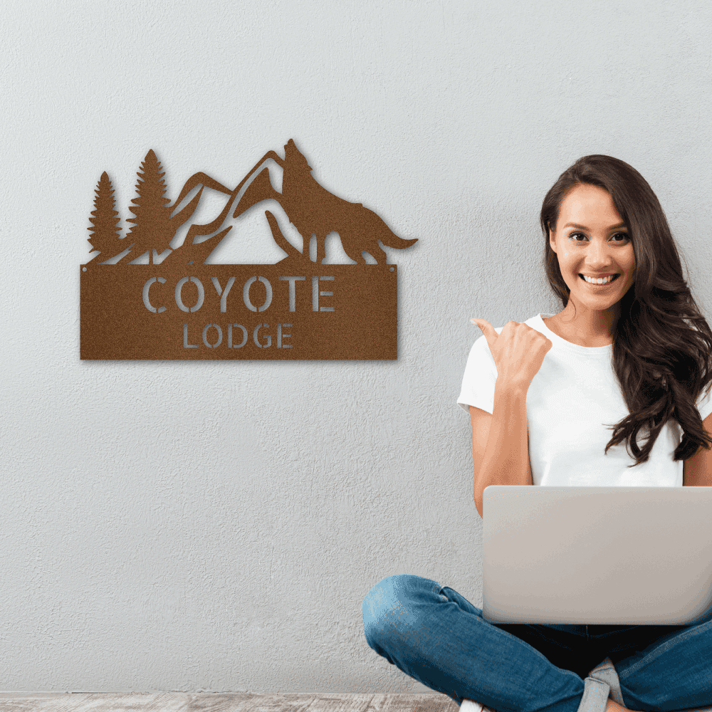 Coyote and Mountains Custom Name Metal Wall Sign - Mallard Moon Gift Shop