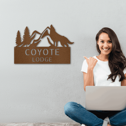 Coyote and Mountains Custom Name Metal Wall Sign - Mallard Moon Gift Shop