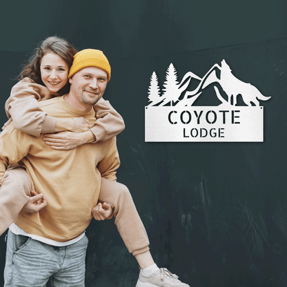 Coyote and Mountains Custom Name Metal Wall Sign - Mallard Moon Gift Shop