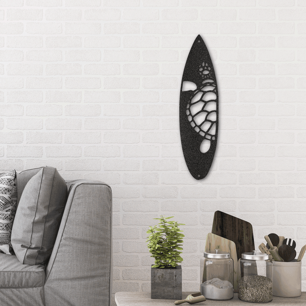 Surfboard Sea Turtle Indoor Outdoor Steel Wall Sign - Mallard Moon Gift Shop