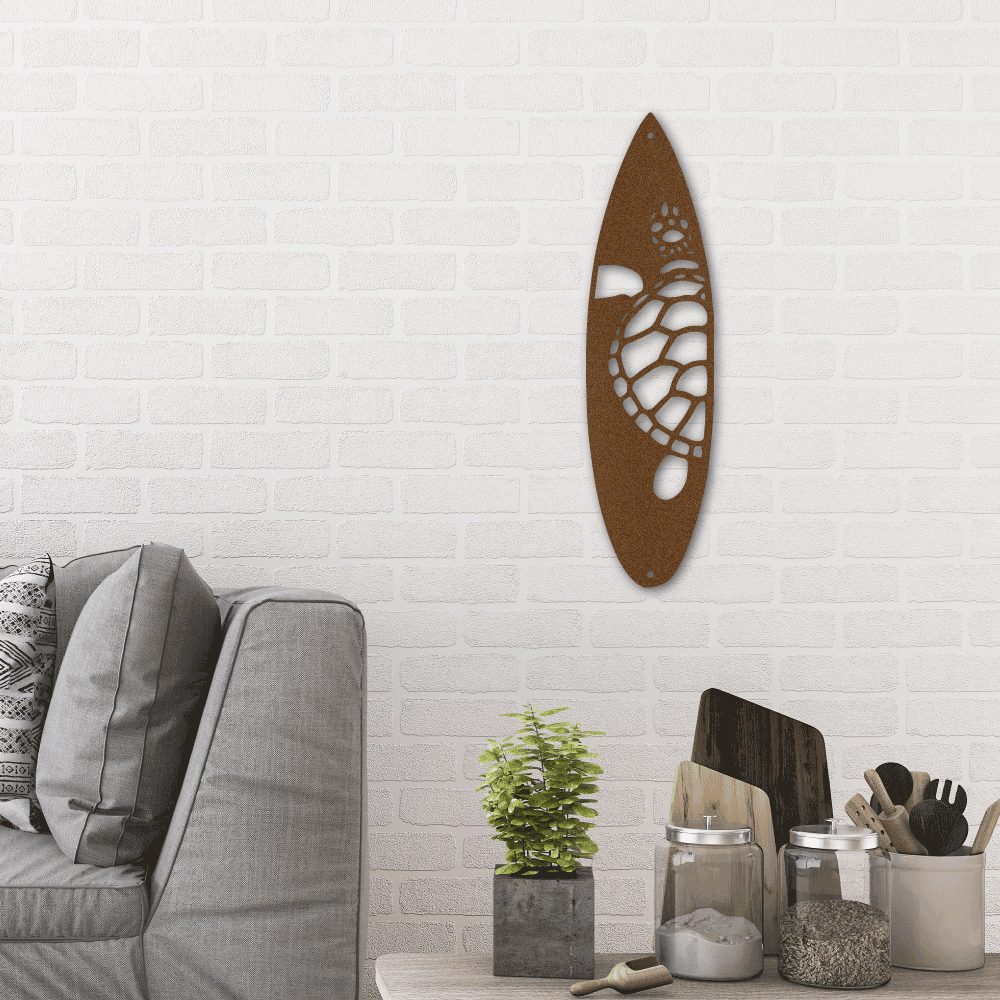 Surfboard Sea Turtle Indoor Outdoor Steel Wall Sign - Mallard Moon Gift Shop