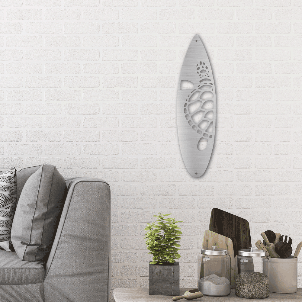 Surfboard Sea Turtle Indoor Outdoor Steel Wall Sign - Mallard Moon Gift Shop