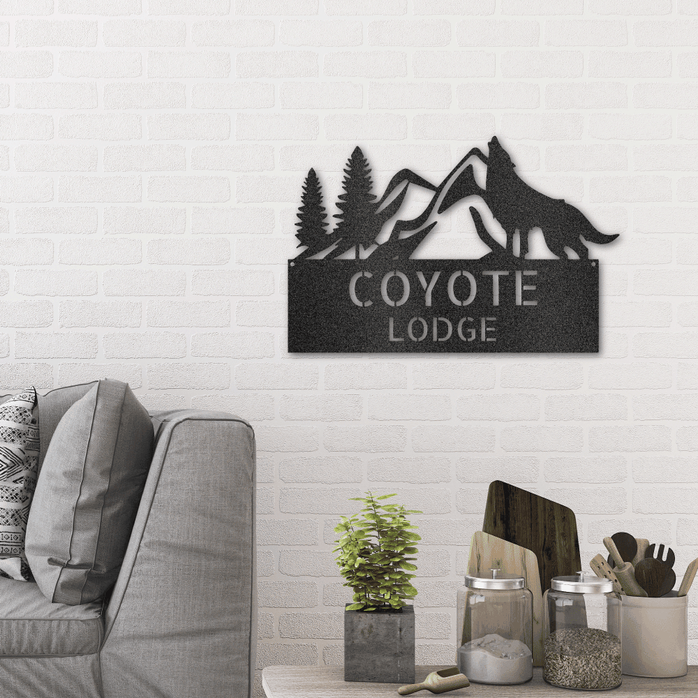 Coyote and Mountains Custom Name Metal Wall Sign - Mallard Moon Gift Shop