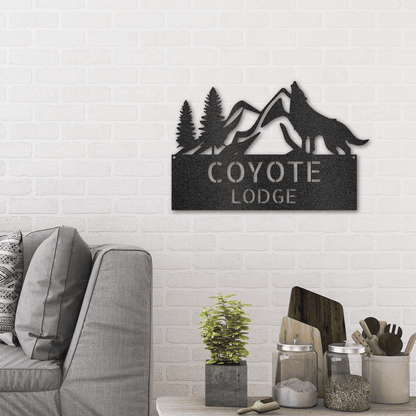 Coyote and Mountains Custom Name Metal Wall Sign - Mallard Moon Gift Shop