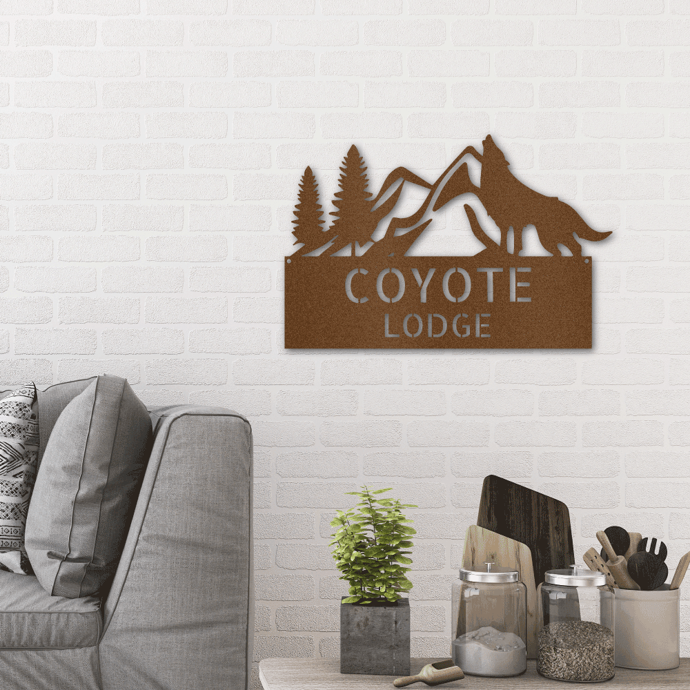 Coyote and Mountains Custom Name Metal Wall Sign - Mallard Moon Gift Shop
