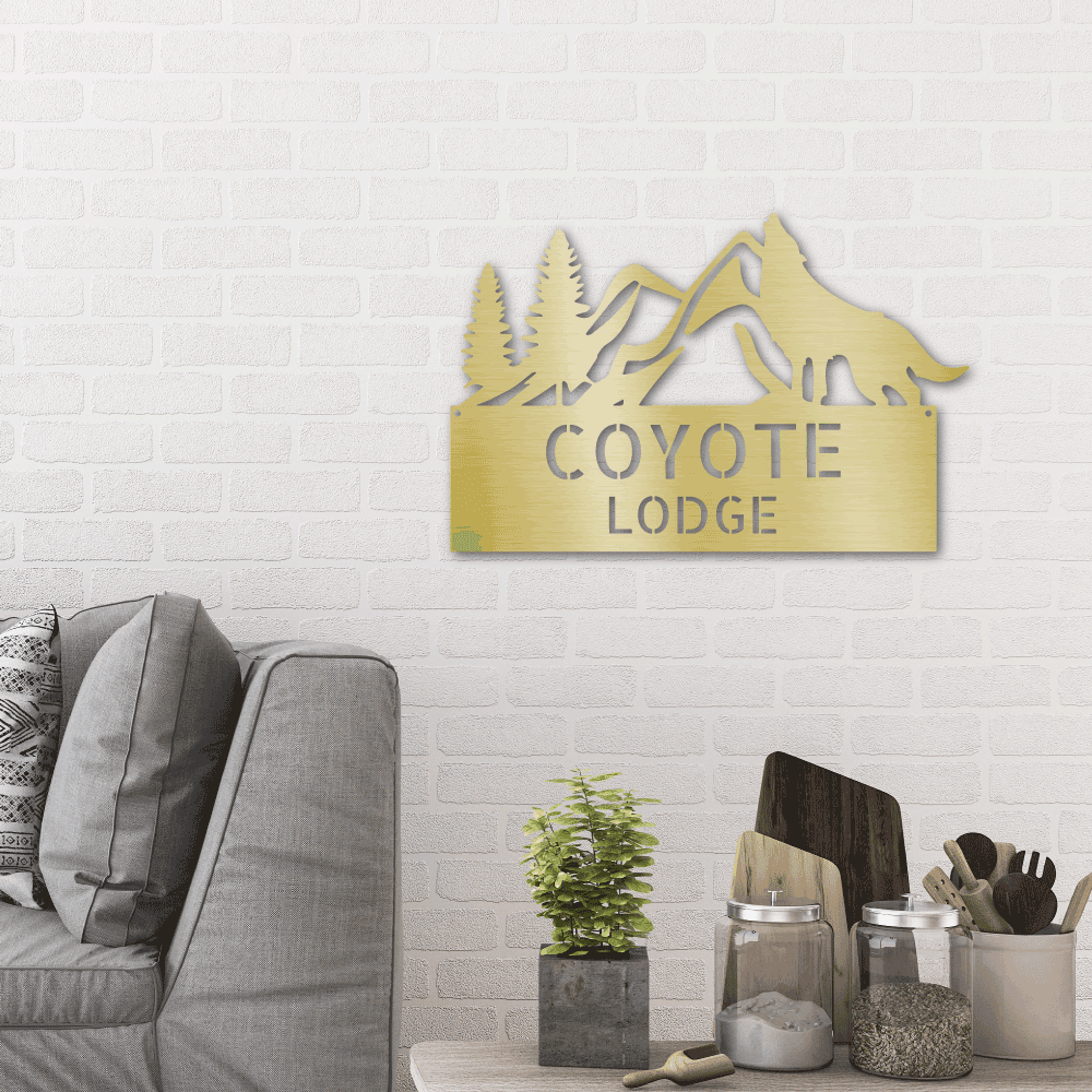Coyote and Mountains Custom Name Metal Wall Sign - Mallard Moon Gift Shop
