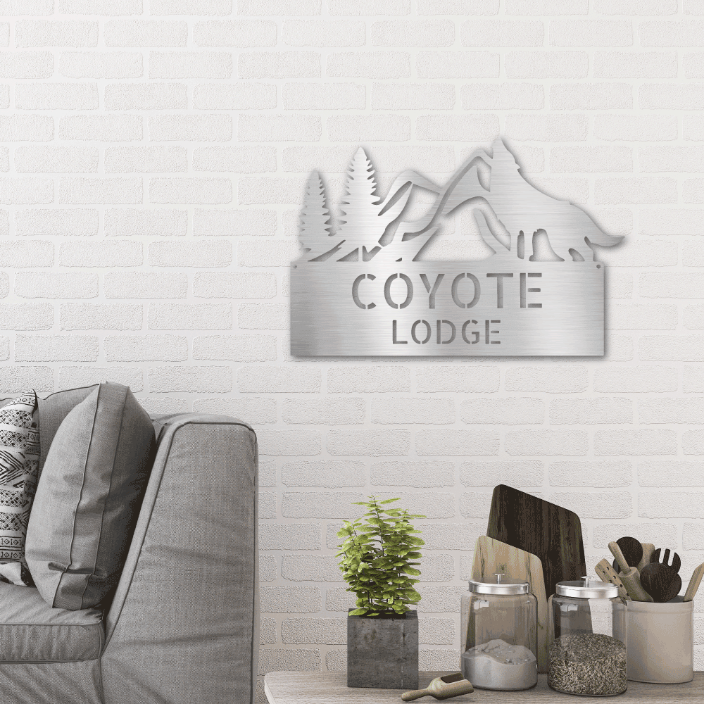 Coyote and Mountains Custom Name Metal Wall Sign - Mallard Moon Gift Shop