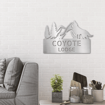 Coyote and Mountains Custom Name Metal Wall Sign - Mallard Moon Gift Shop