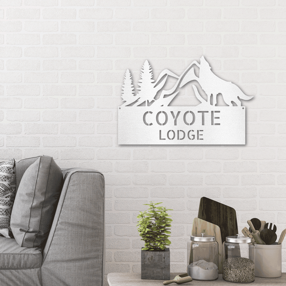 Coyote and Mountains Custom Name Metal Wall Sign - Mallard Moon Gift Shop